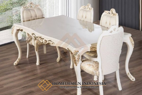 Meja Makan Mewah Solid Putih Duco Elegant Beludru Fabric JF-282.1