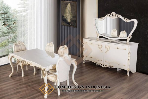 Meja Makan Mewah Solid Putih Duco Elegant Beludru Fabric JF-282.2