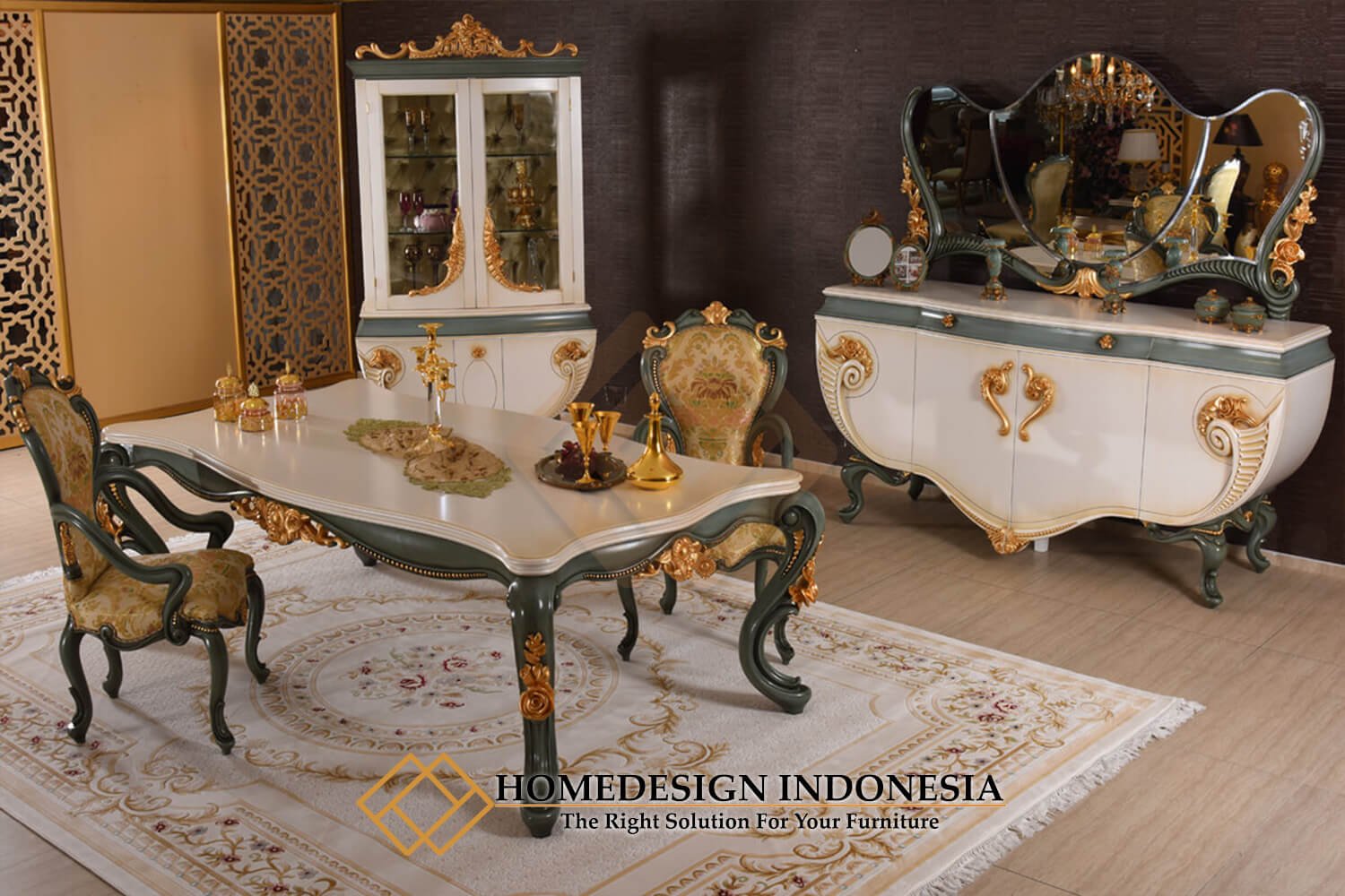 Harga Meja Makan Mewah Top Marmer Carara Ukiran Anggun JF-379 Harga Meja Makan Mewah Top Marmer Carara Ukiran Anggun JF-379