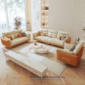 Sofa Tamu Minimalis Terbaru Beige Faux Leather Exclusive JF-422