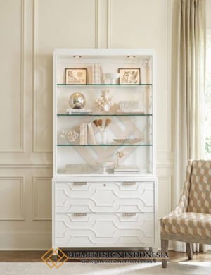 Lemari Hias Kaca Mewah Minimalis White Lily Glossy Color JF-427