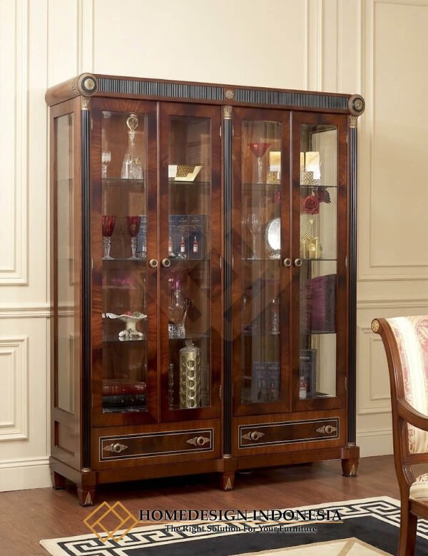Lemari Pajangan Kayu Jati Mewah Marquetry Natural Salak Brown JF-428