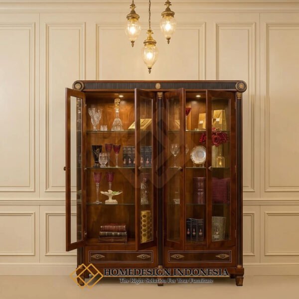Lemari Pajangan Kayu Jati Mewah Marquetry Natural Salak Brown JF-428.1