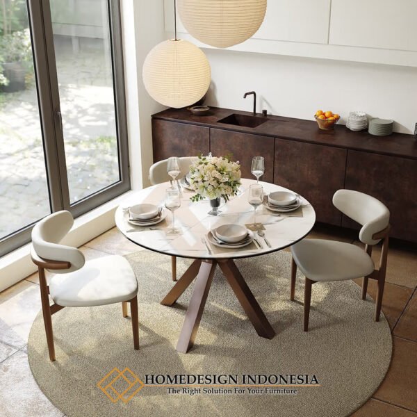 Meja Makan Bundar Minimalis Top Marble Carara Desain Cantik JF-400.1